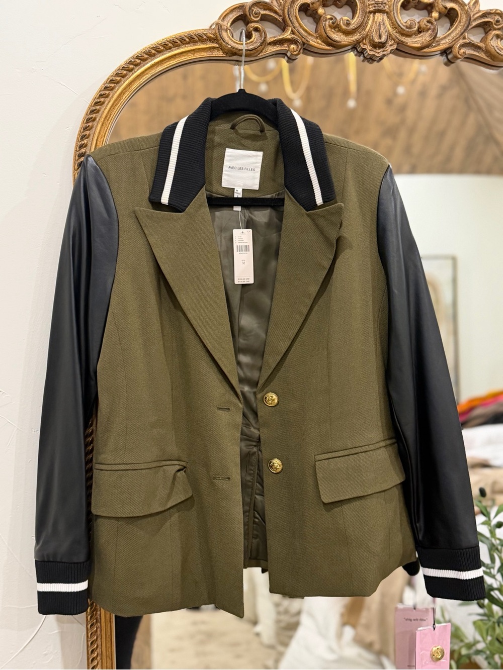 Avec Les Filles Olive Green and Black Mixed-Media Varsity Blazer - Picture 2 of 6